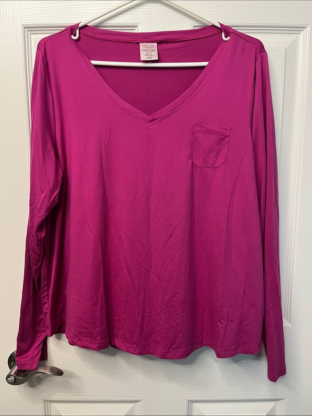 Women's V-Neck Long Sleeve Pocket Tee - Magenta Cozy Loose Canadian Brand